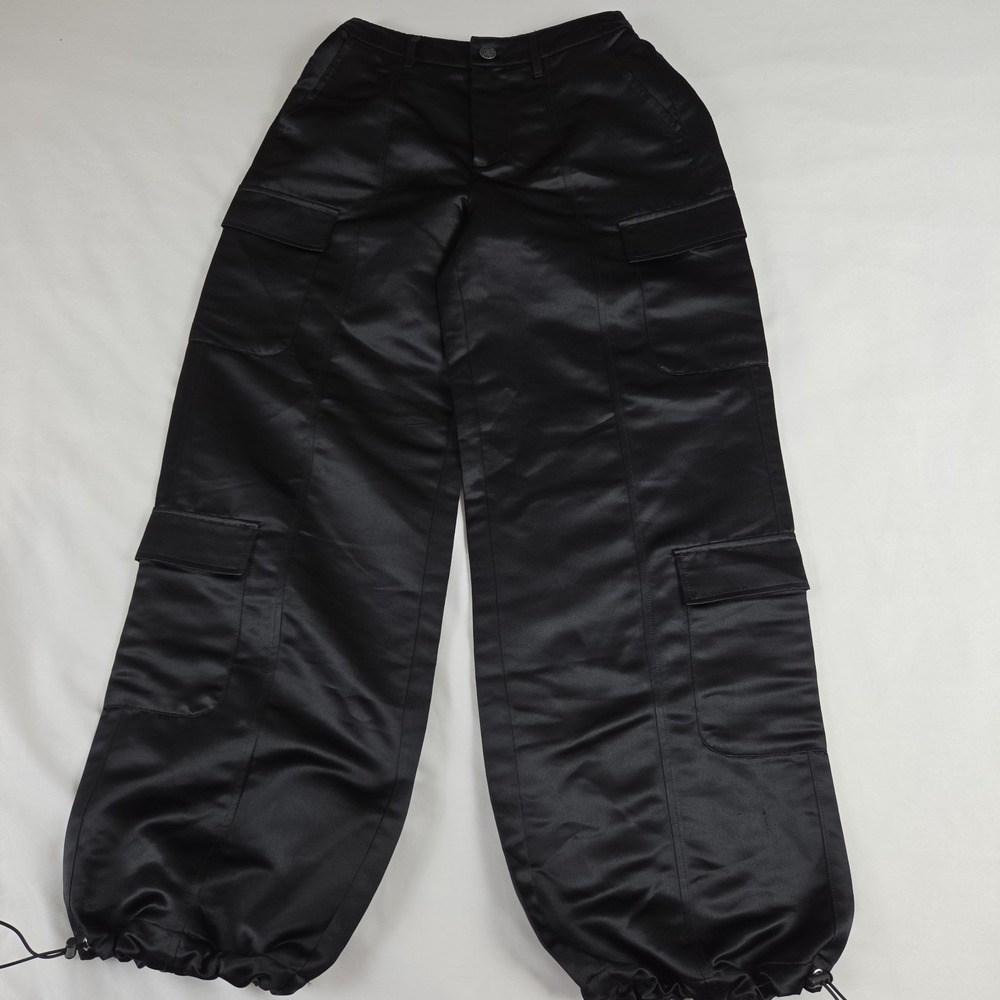 Madden NYC Black Cargo  Jogger Pants Shinny Satin  Women's SZ M  Bungee Hem